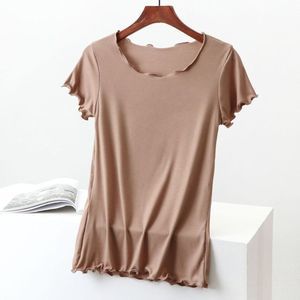 Tan Short Sleeve Ribbed Lettuce Trim Top